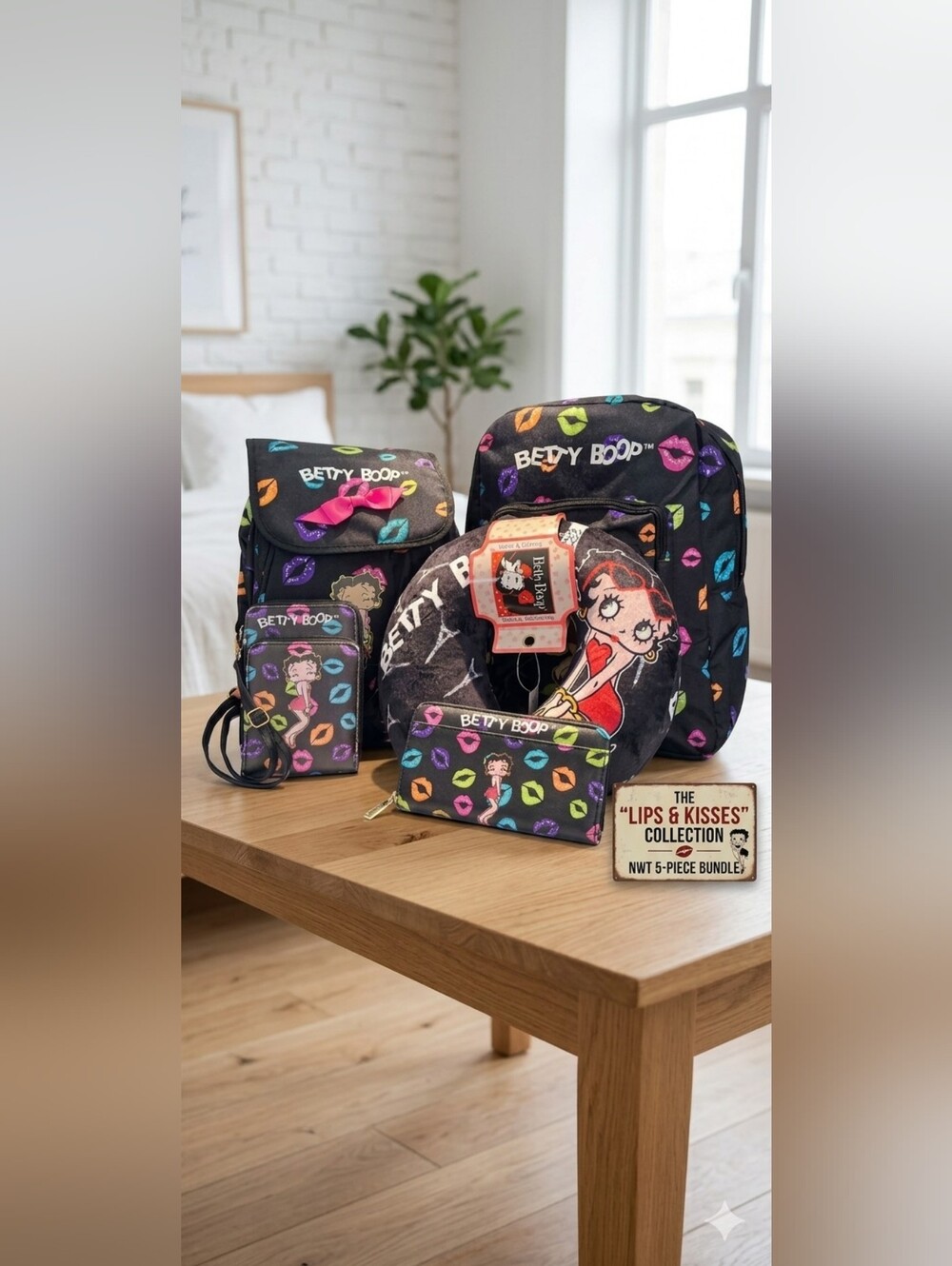 Betty Boop Kisses 5-Pc Travel Set Backpack Wallet Pillow Crossbody Vintage Y2K